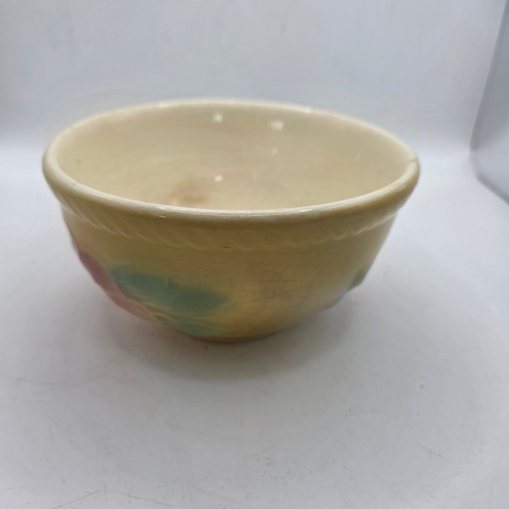 Vintage Yellow Art Pottery Bowl Planter Raised Pink Flowers Green Leaves Unmark